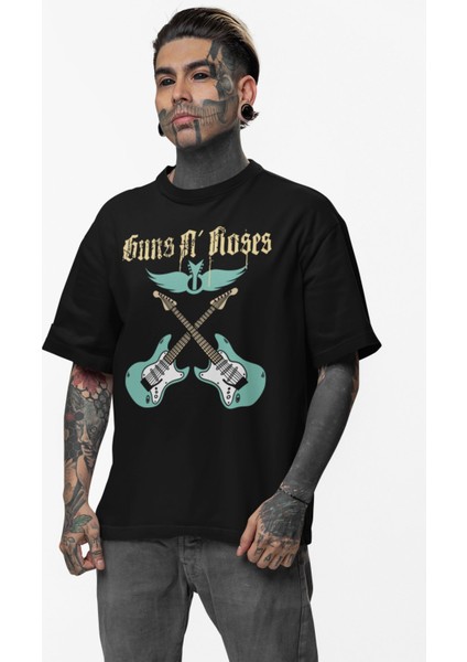 Unisex Elektro Gitarlı Guns N' Roses Baskılı Tişört, Oversize Rock Band Temalı T-Shirt
