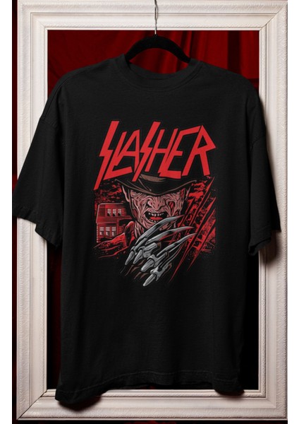 Unisex Slasher Yazılı Tişört, Oversize Korku Filmi Hallowen Temalı T-Shirt