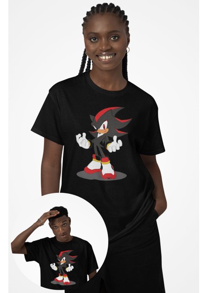 Unisex Kirpi Shadow Baskılı Tişört, Oversize Sonic Çizgi Film Karakteri Temalı T-Shirt