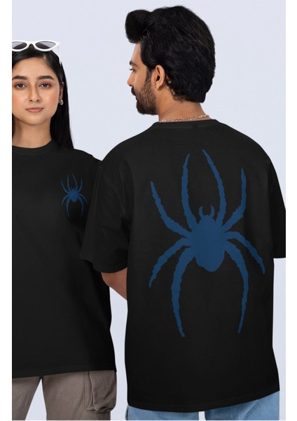 Unisex Mavi Örümcek Sırt Baskılı Tişört, Oversize Super Hero Spider Temalı T-Shirt