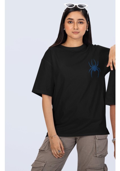 Unisex Mavi Örümcek Sırt Baskılı Tişört, Oversize Super Hero Spider Temalı T-Shirt fiyatları