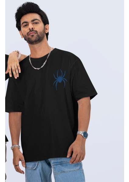 Unisex Mavi Örümcek Sırt Baskılı Tişört, Oversize Super Hero Spider Temalı T-Shirt modelleri