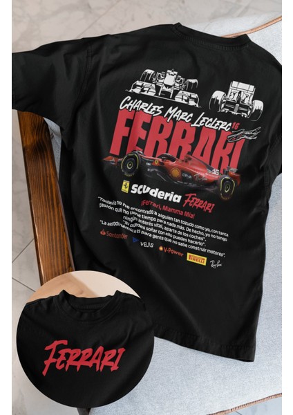 Oversize Formula 1 Leclerc 16 Sırt Baskılı Tişört, Unisex F1 Ferari Temalı T-Shirt