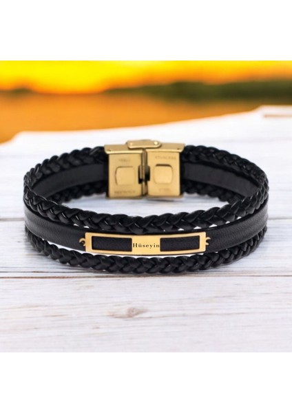 Hüseyin İsmine Özel Dikdörtgen Figürlü 14 Ayar Altın Plakalı Siyah Derili Hediye Bileklik-437İsim fiyatları