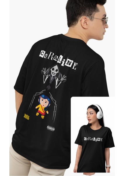 Unisex Coraline Sırt Baskılı Tişört, Oversize Film Temalı T-Shirt