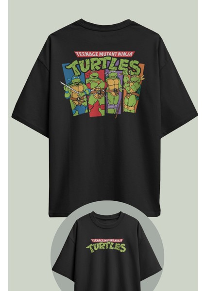 Unisex Ninja Kaplumbağa Sırt Baskılı Tişört, Oversize Çizgi Film Temalı T-Shirt