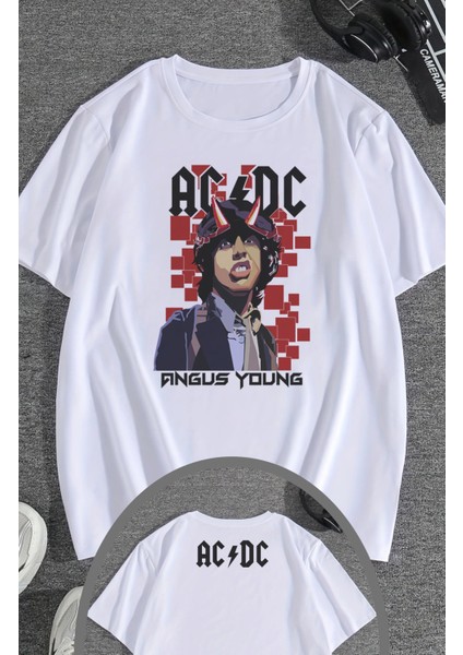 Unisex Ac Dc Angus Young Ense Baskılı Tişört, Oversize Rock Grubu Temalı T-Shirt