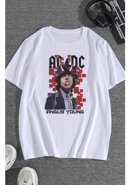 Unisex Ac Dc Angus Young Ense Baskılı Tişört, Oversize Rock Grubu Temalı T-Shirt modelleri
