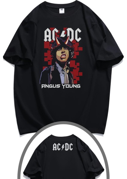 Unisex Ac Dc Angus Young Ense Baskılı Tişört, Oversize Rock Grubu Temalı T-Shirt