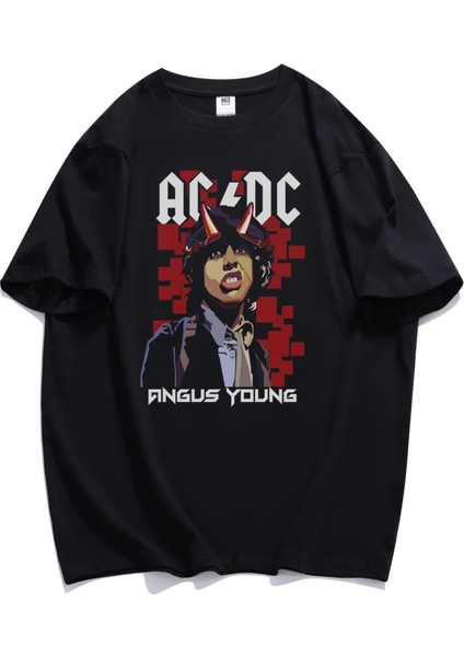 Unisex Ac Dc Angus Young Ense Baskılı Tişört, Oversize Rock Grubu Temalı T-Shirt modelleri