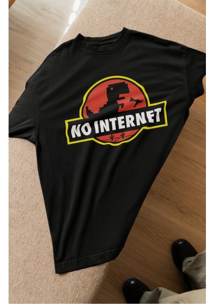 Unisex No Internet Yazılı Tişört, Oversize Komik Jurassic Park Temalı T-Shirt