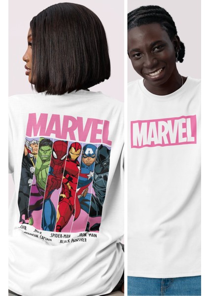 Unisex Mar Vel Karakterleri Sırt Baskılı Tişört, Oversize Süper Kahraman Temalı T-Shirt