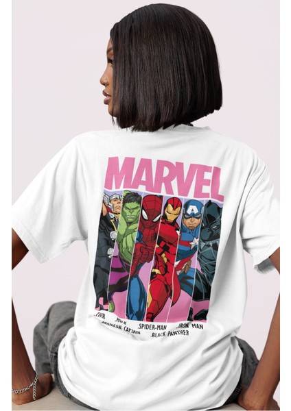 Unisex Mar Vel Karakterleri Sırt Baskılı Tişört, Oversize Süper Kahraman Temalı T-Shirt modelleri