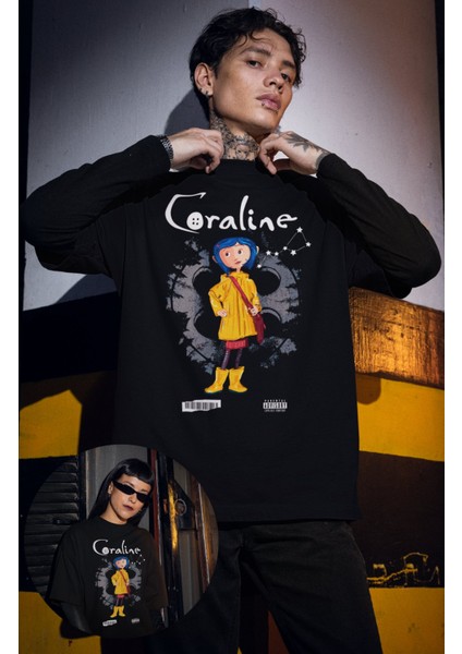 Oversize Coraline Karakter Baskılı T-Shirt, Unisex Korku Film Temalı Tişört