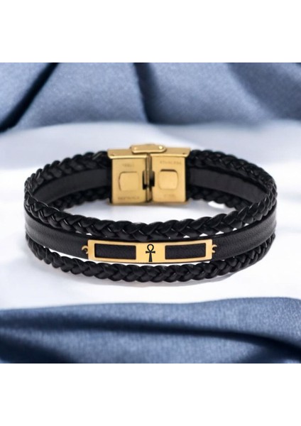 Ankh Temalı Dikdörtgen Figürlü 14 Ayar Altın Plakalı Siyah Derili Hediye Bileklik-437SEMBOL fiyatları