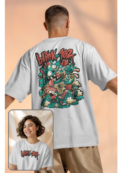 Unisex BLINK-182 Funny Sırt Baskılı Tişört, Oversize Rock Band Temalı T-Shirt