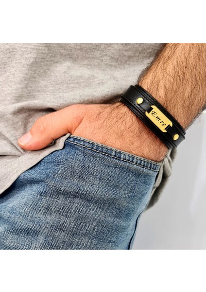 Emre İsmine Özel 14 Ayar Altın Plakalı Doğal Siyah Derili Oval Motifli Hediye Bileklik-438İsim