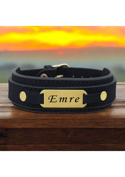 Emre İsmine Özel 14 Ayar Altın Plakalı Doğal Siyah Derili Oval Motifli Hediye Bileklik-438İsim fiyatları