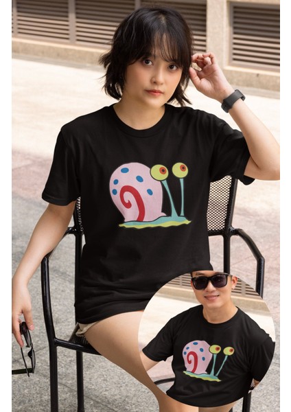 Unisex Salyangoz Gary Baskılı Tişört, Oversize Sünger Bob Karakteri Baskılı T-Shirt