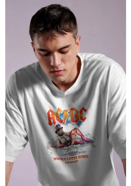 Unisex Ac Dc Whole Lotta Rosie Pwrd Up Sırt Baskılı Tişört, Oversize Rock Band Temalı T-Shirt fiyatları