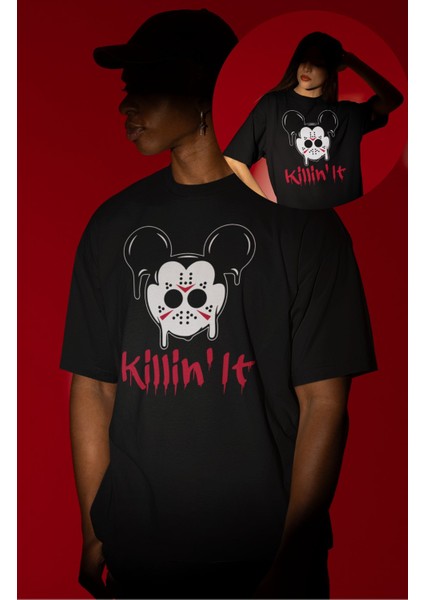 Unisex Killin It Yazılı Tişört, Oversize Korku Filmi Hallowen Temalı T-Shirt