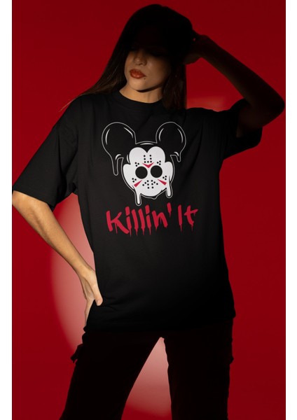 Unisex Killin It Yazılı Tişört, Oversize Korku Filmi Hallowen Temalı T-Shirt fiyatları