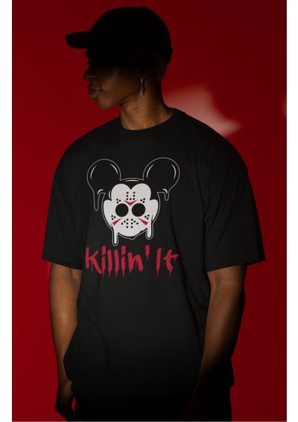 Unisex Killin It Yazılı Tişört, Oversize Korku Filmi Hallowen Temalı T-Shirt modelleri