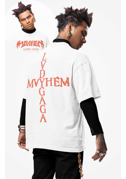 Unisex Mayhem ve Lady Gaga Sırt Baskılı Tişört, Oversize Müzik Temalı T-Shirt