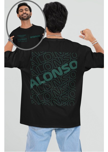 Oversize Aramco Formula One Team Sırt Baskılı Tişört, Unisex F1 Alonsoo Temalı T-Shirt