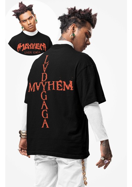 Unisex Mayhem ve Lady Gaga Sırt Baskılı Tişört, Oversize Müzik Temalı T-Shirt