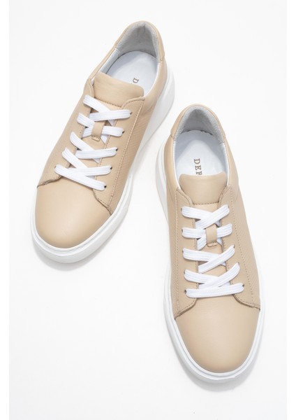 Kadın Kalın Taban Bağcıklı Casual Ayakkabı Gerçek Deri Cr 2627 Bej indirimleri