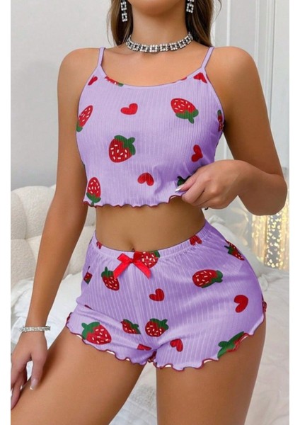 Çilek Desenli Kadın Şortlu Pijama Takımı