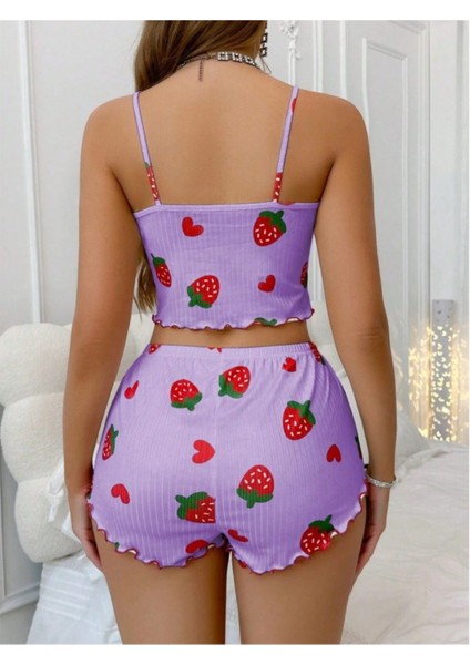 Çilek Desenli Kadın Şortlu Pijama Takımı