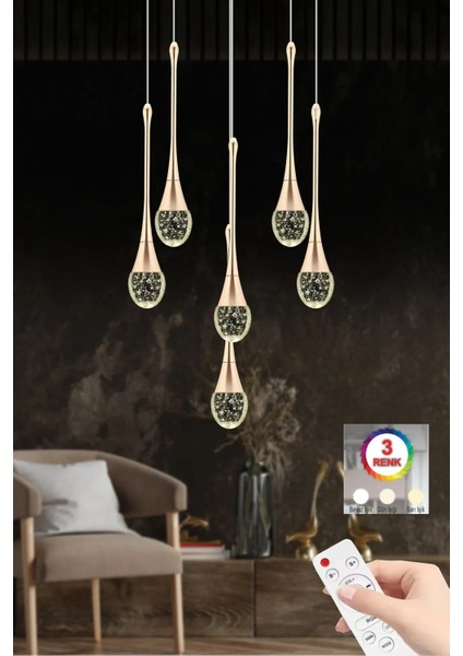 Istanbul Avize Mercure 6'lı Gold LED Kumandalı 3 Renk Modern Lüx Ledli Avize