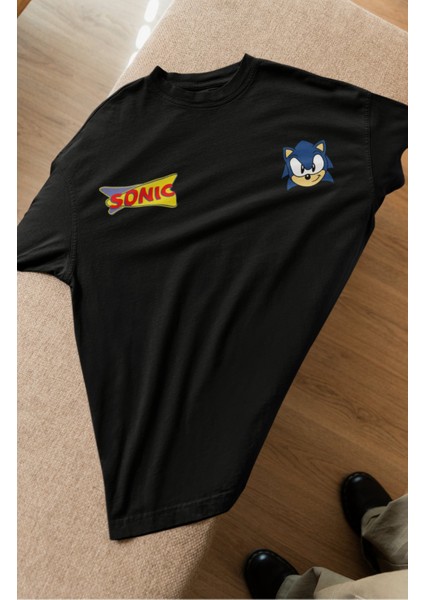 Unisex Kirpi Sonic Cep Baskılı Tişört, Oversize Sonic Yazılı T-Shirt