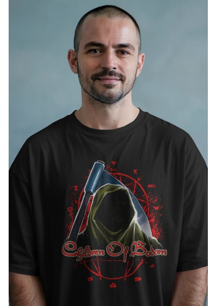 Unisex Children Of Bodom Baskılı Tişört, Oversize Rock Grubu Temalı Bisiklet Yaka T-Shirt