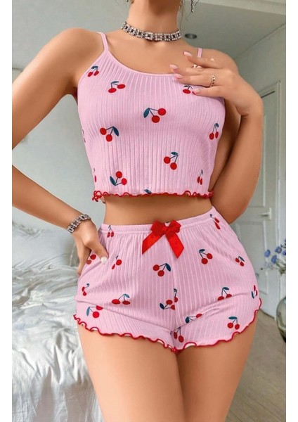 Pembe Kiraz Desenli Şortlu Pijama Takım