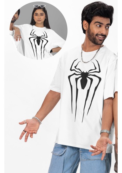 Unisex Vectörel Örümcek Baskılı Tişört, Oversize Süper Hero Spider Temalı T-Shirt