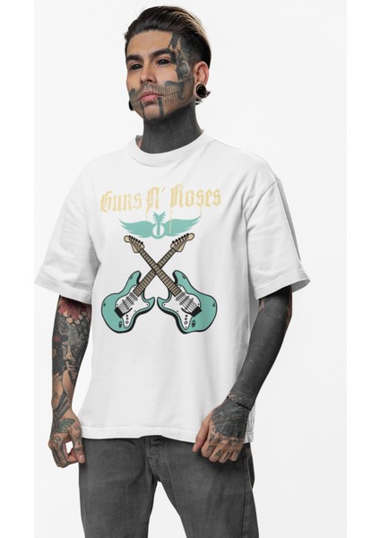 Unisex Elektro Gitarlı Guns N' Roses Baskılı Tişört, Oversize Rock Band Temalı T-Shirt