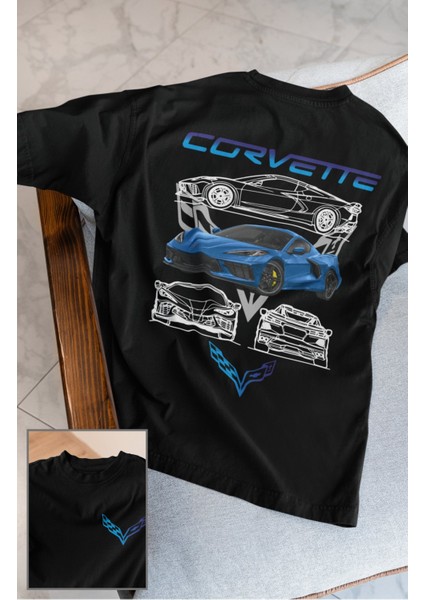 Unisex Corvete Yazılı T-Shirt, Oversize Yarış Araba Baskılı Tişört