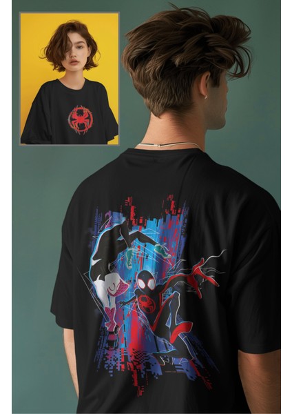 Unisex Super Hero Spider Sırt Baskılı Tişört, Oversize Örümcek Evreni Temalı T-Shirt