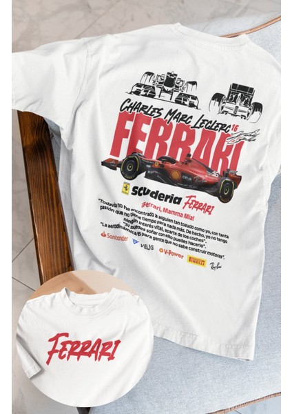 Oversize Formula 1 Leclerc 16 Sırt Baskılı Tişört, Unisex F1 Ferari Temalı T-Shirt