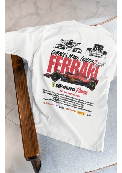 Oversize Formula 1 Leclerc 16 Sırt Baskılı Tişört, Unisex F1 Ferari Temalı T-Shirt modelleri