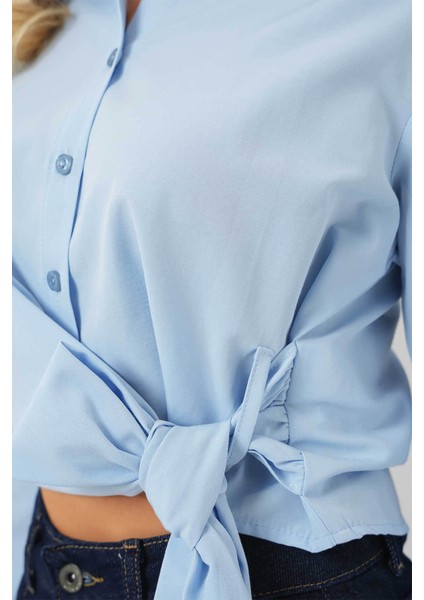 Kadın Bağlamalı Uzun Kol Mavi Kadın Gömlek 20325 fırsatları