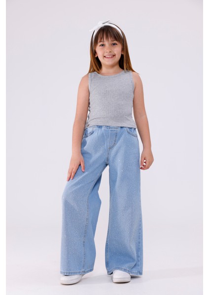 Kız Çocuk Dizde Serpme Taşlı Kot Pantolon 2210