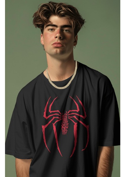 Unisex With Great Power Comes Great Responsibility Yazılı Tişört, Oversize Örümcek Baskılı T-Shirt