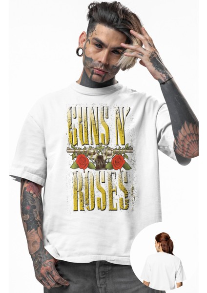 Unisex Eskitme Guns N' Roses Yazılı Tişört, Oversize Rock Band Temalı T-Shirt