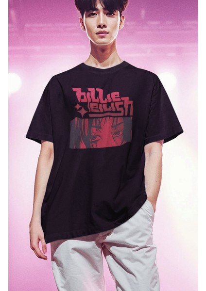 Unisex Anime Style Billie Eilish Baskılı Tişört, Oversize Müzik Temalı T-Shirt