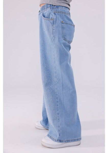 Kız Çocuk Dizde Serpme Taşlı Kot Pantolon 2210