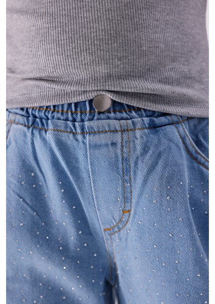 Kız Çocuk Dizde Serpme Taşlı Kot Pantolon 2210